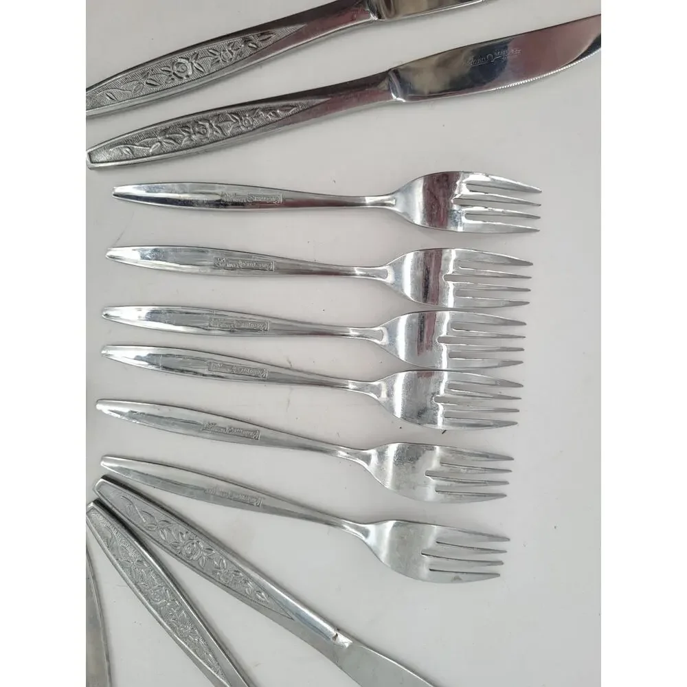 Eldan ELD18 Stainless Flatware Set Japan Roses Textured 24 Pc Tableware